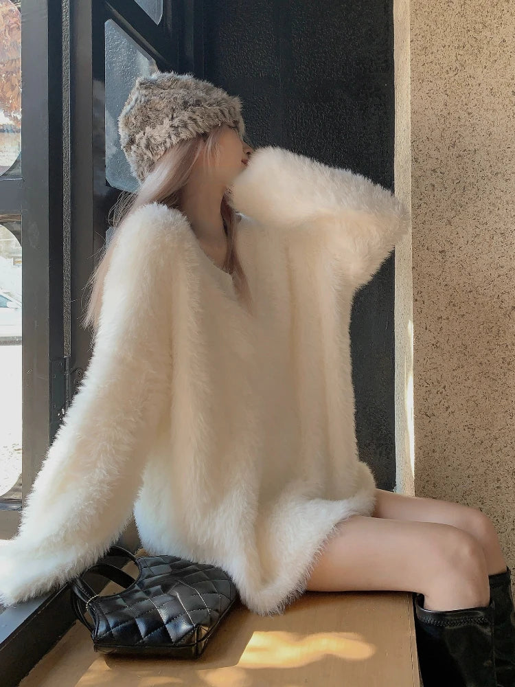 Elegant Charm V-Neck Faux Fur Sweater