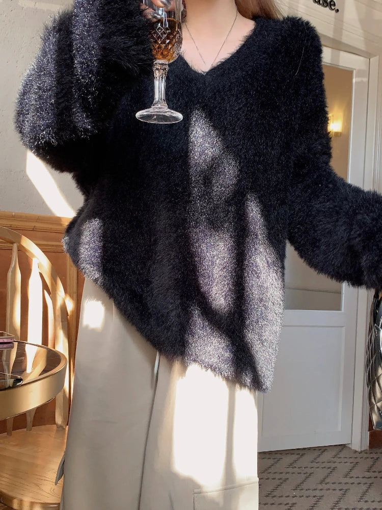 Elegant Charm V-Neck Faux Fur Sweater