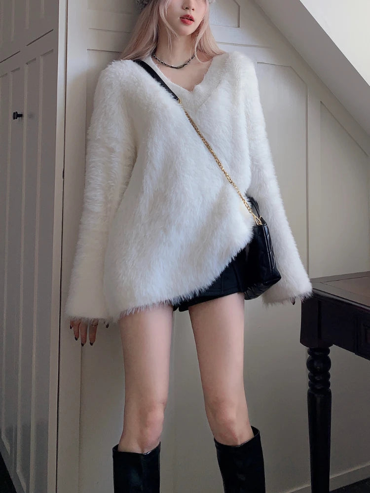Elegant Charm V-Neck Faux Fur Sweater