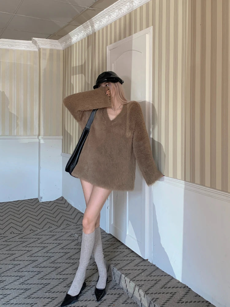 Elegant Charm V-Neck Faux Fur Sweater